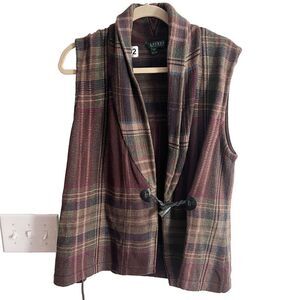 Lauren Ralph Lauren Wrap Vest L Women Plaid Academia Western Indy Brown Green